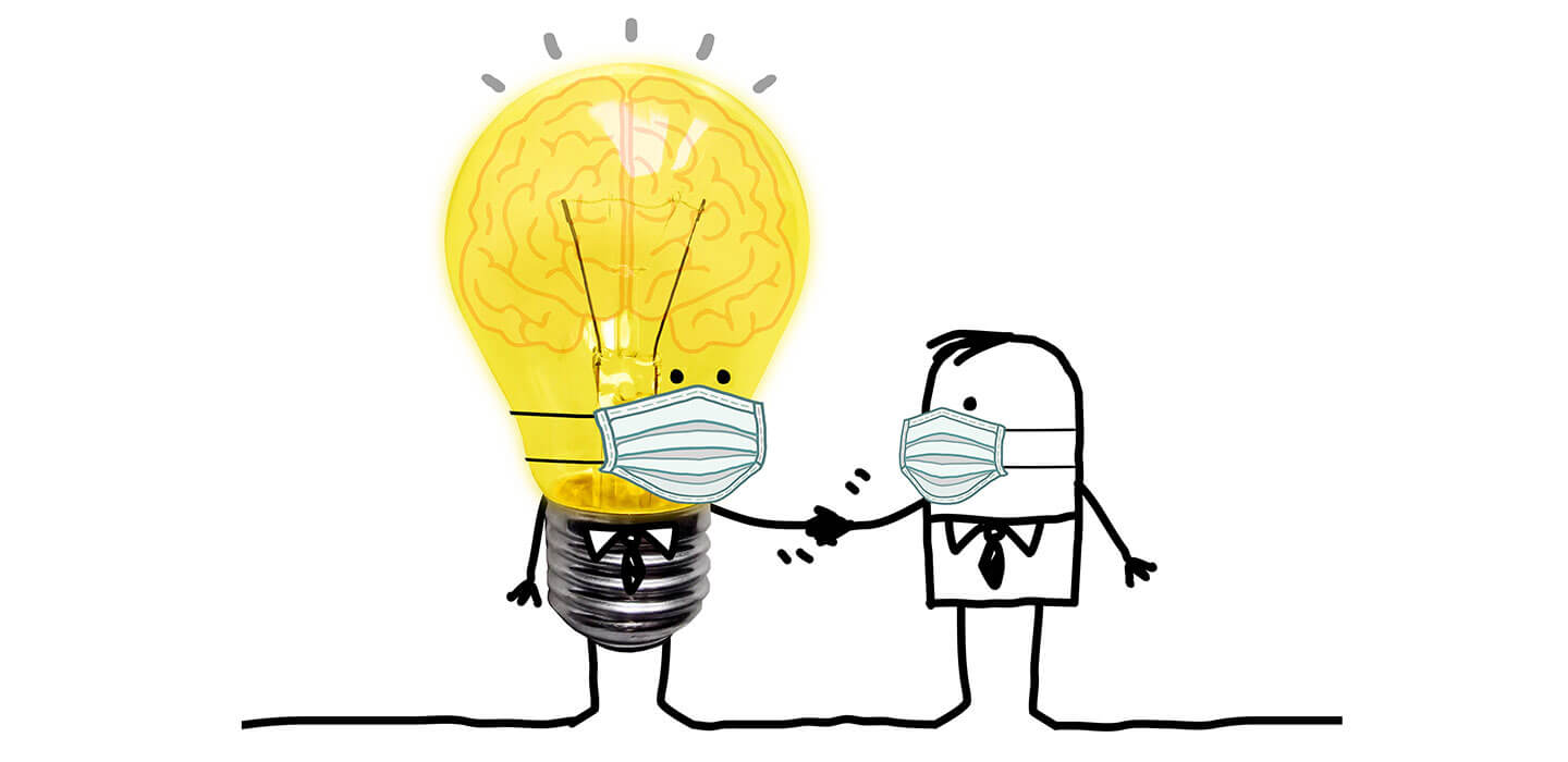 Illustration of a person and a lightbulb shaking hands, both wearing face masks
